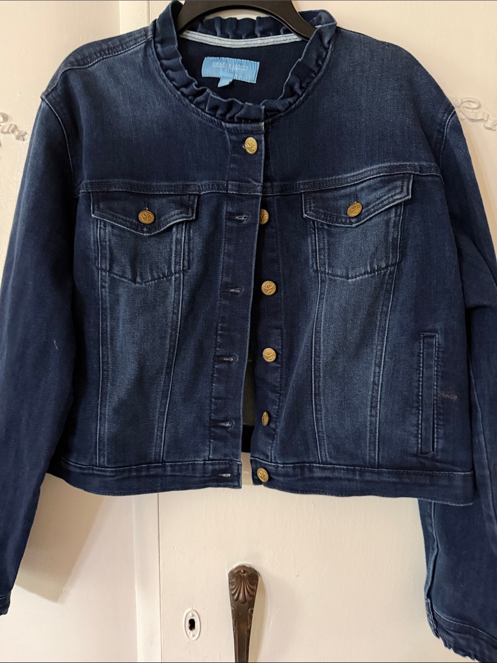 Draper James Dark Blue Denim Jacket with Ruffle Neck XXL. NWT
